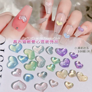 100颗网红极光幻彩爱心大小混春天色细闪珠光心形指甲平底饰品钻