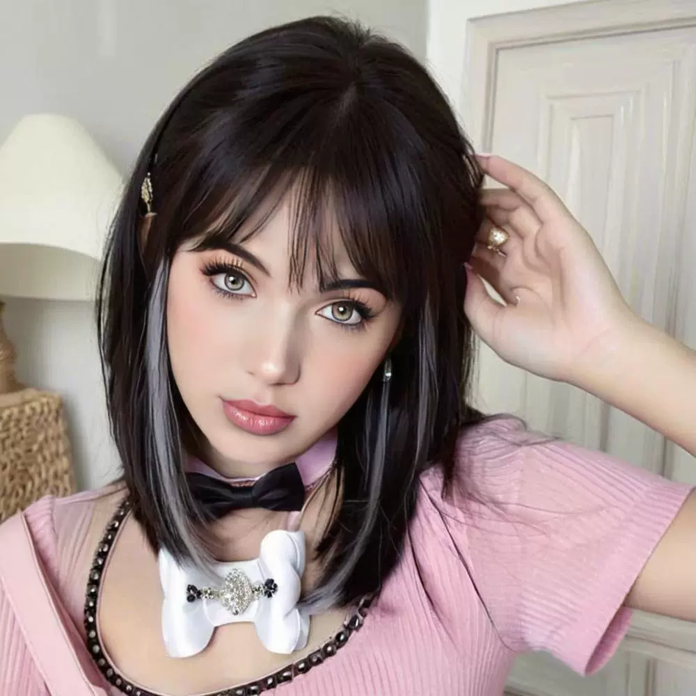 速卖通跨境假发女长直发空气刘海网红挂耳染黑拼灰渐变色厂家直销