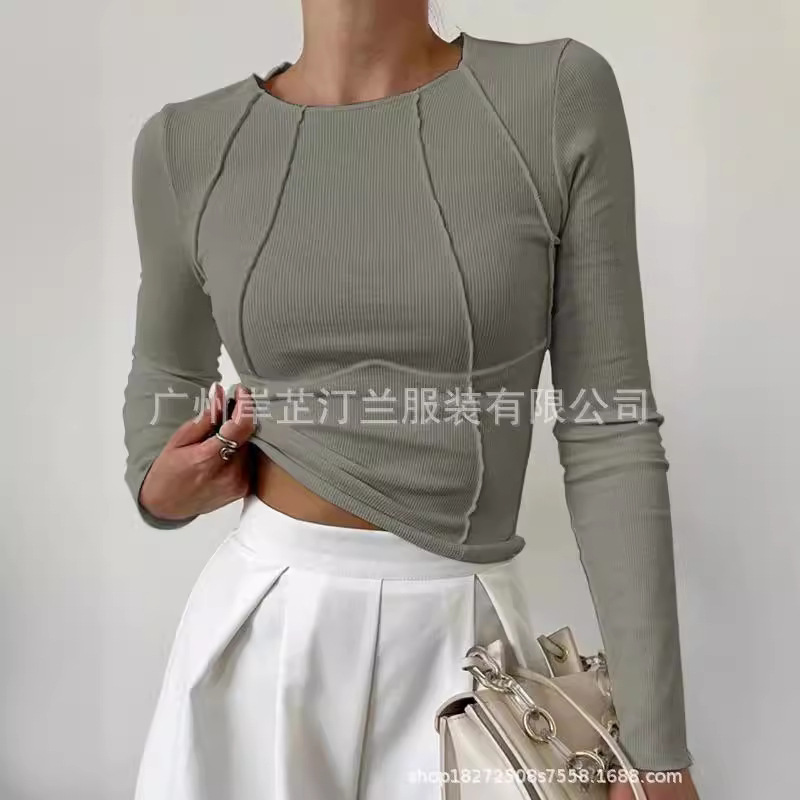 Amazon solid color split chest long sleeve round neck T-shirt 2024 spring and autumn Europe and the United States cross-border foreign trade new jacket women