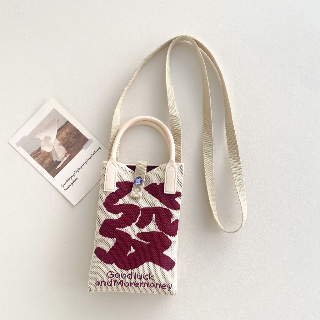 Bolso tejido para teléfono móvil con diseño único, mini bolso versátil con diseño de gato de la suerte, bolso cruzado para mujer, bolso de hombro.