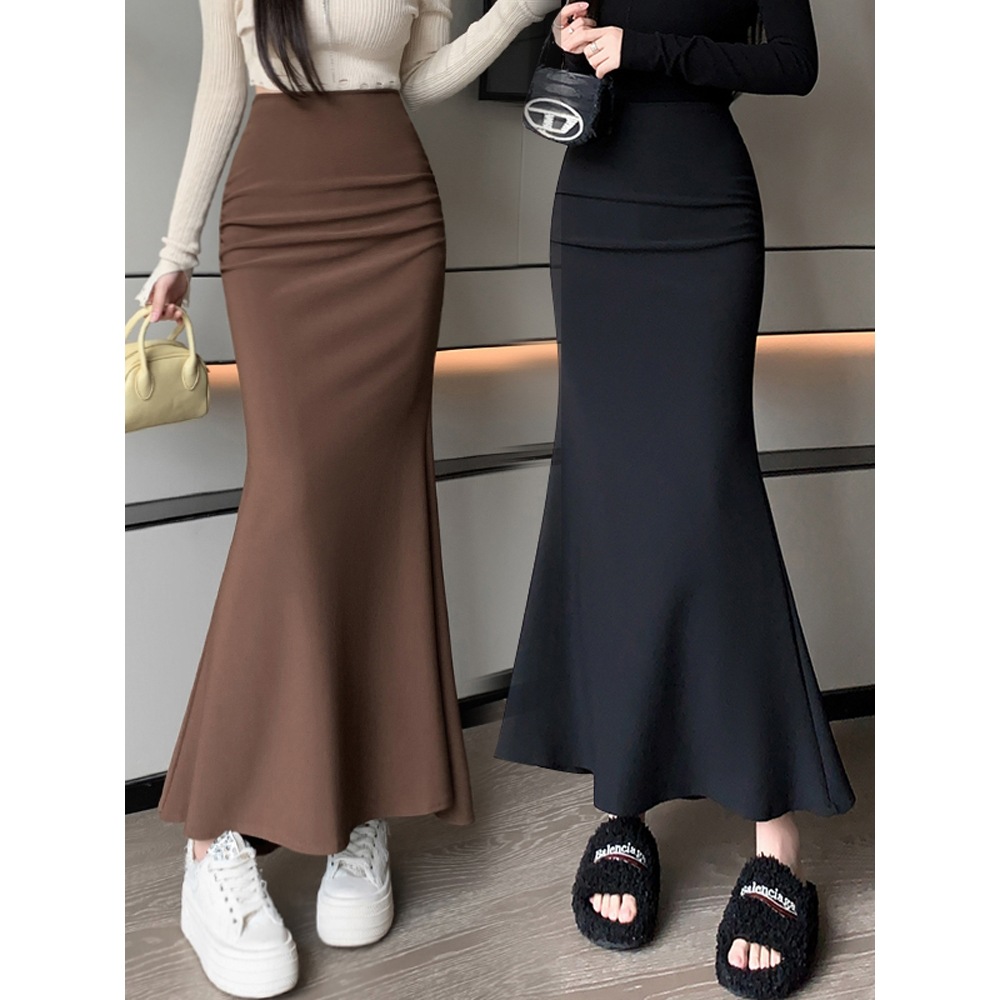 Brown Suit Fishtail Skirt for Women Spring & Fall 2025 New High-Waist Slim Pleated Ruffled Hip-Covering Long Skirt