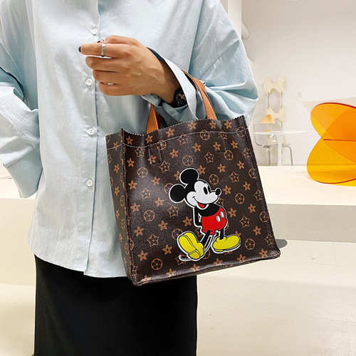 New internet celebrity cartoon open PU square bag handbag fashion mommy bag student lunch bag hand carry out shoulder bag