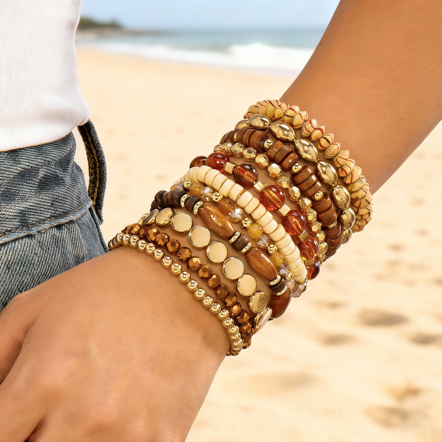 Europa y América de moda bohemia creativa playa multicapa para usar cuentas de vidrio hechas a mano al por mayor pulseras
