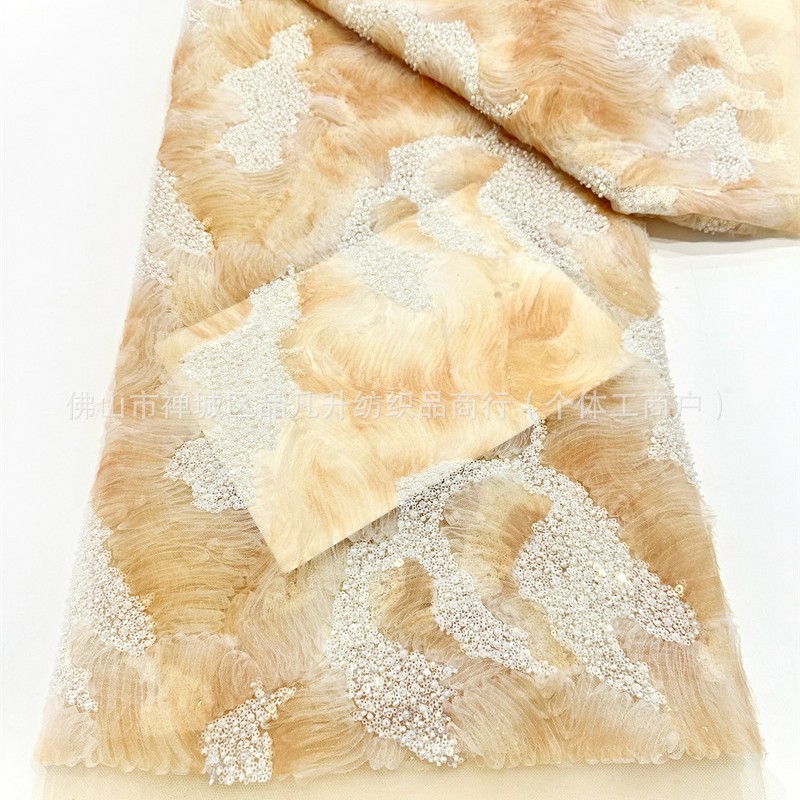 Tela de bordado de tubo de cuentas de onda tridimensional de alta costura vestido de novia de mujer vestido de moda tela en stock