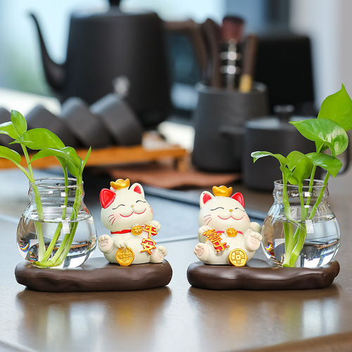 Creative living room decorations lucky cat glass flower ware home accessories office desk pothos vase ceramic hydroponic ware