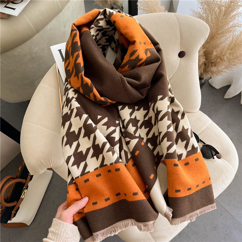 620g Weight Scarf Classification Outdoor, Daily Occasion Imitation cashmere Material Houndstooth, Color Block Pattern Winter Season Women's Gender Tassel Design Sweet, Simple Style Style Women's Sweet Simple Style Houndstooth Color Block Imitation Cashmere Tassel Scarf 3