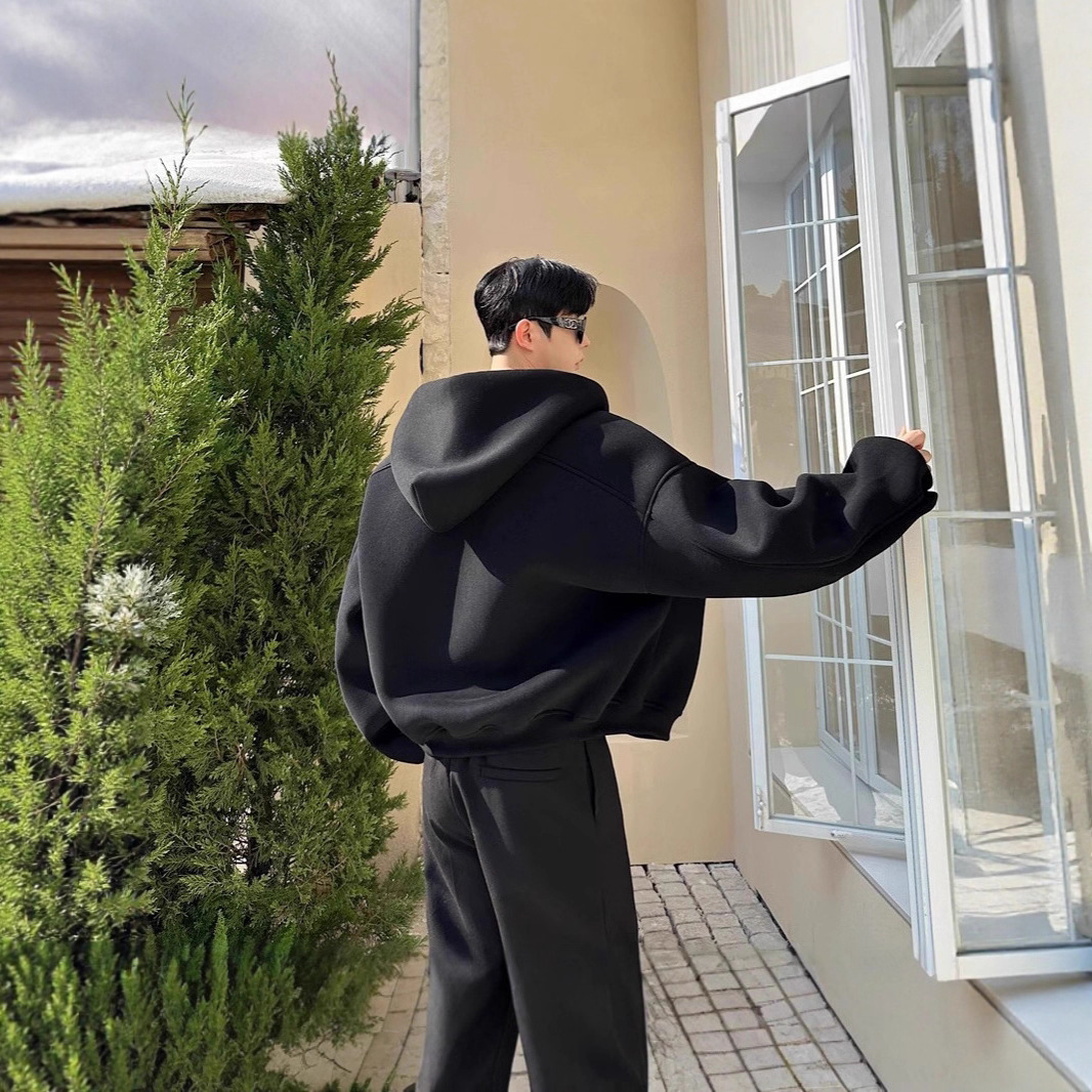 春秋美式重磅550g太空层挺廓连帽卫衣男短款韩版休闲开衫上衣外套