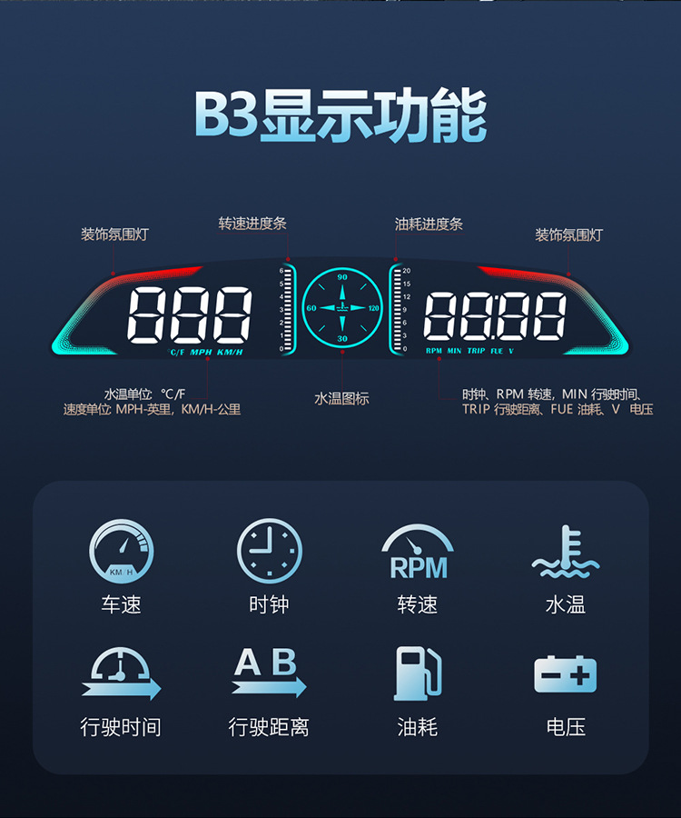 B3 car HUD HD head-up display car OBD speed speeding alarm fuel consumption water temperature time altitude