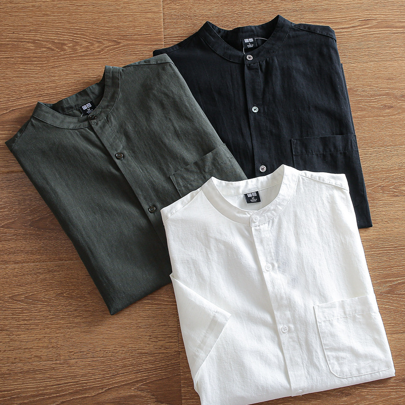 Unique Style! Retro Washed Cotton-Linen Summer Loose Breathable Casual Stand Collar Short Sleeve Shirt for Men Trendy