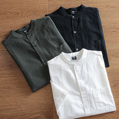 Unique Style! Retro Washed Cotton-Linen Summer Loose Breathable Casual Stand Collar Short Sleeve Shirt for Men Trendy