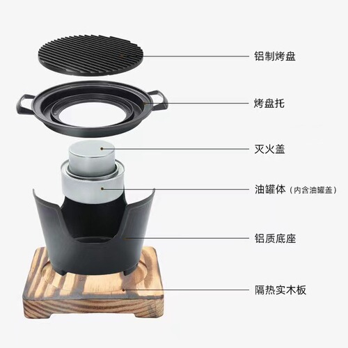 Household mini barbecue grill for one person Korean style outdoor portable alcohol heating stove flat bottom frying pan round baking pan