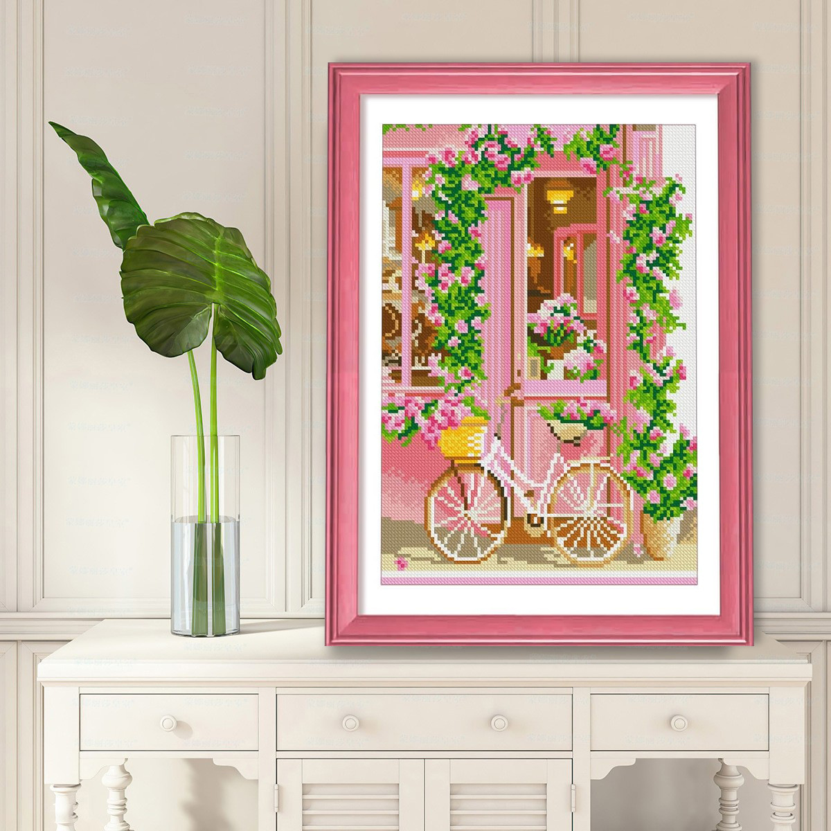 Comercio exterior nuevo bordado de cruz flor rosa bicicleta estética simple sala de estar decoración del dormitorio bordado de cruz image 1