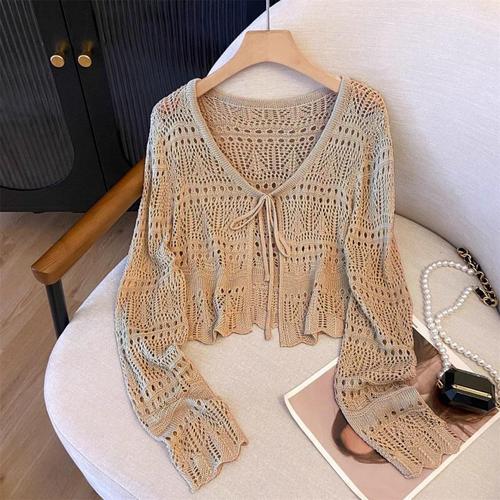 KANING Hollow Strap Sun Protective Knit Cardigan for Women 2025 Summer New Thin Style Elegant V-Neck Air Conditioning Cover Shirt