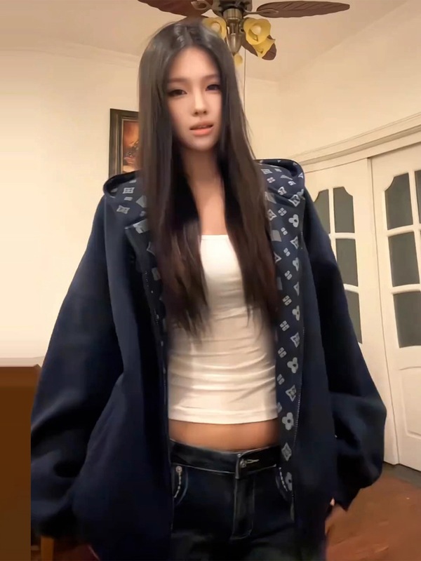 美式复古印花开衫连帽卫衣女秋季2025新款设计感宽松休闲开衫外套|undefined