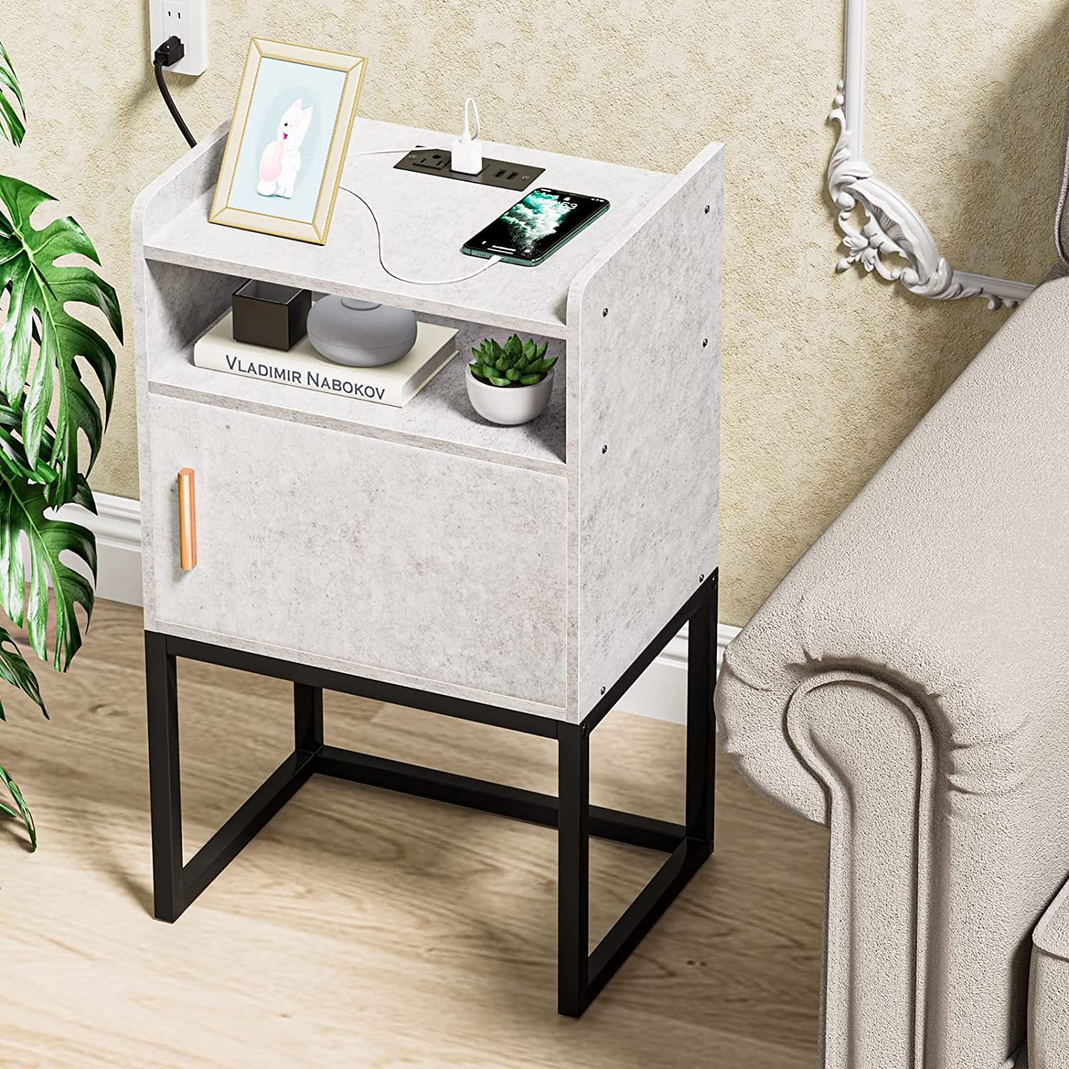 Modern minimalist bedside cabinet with USB interface charging…