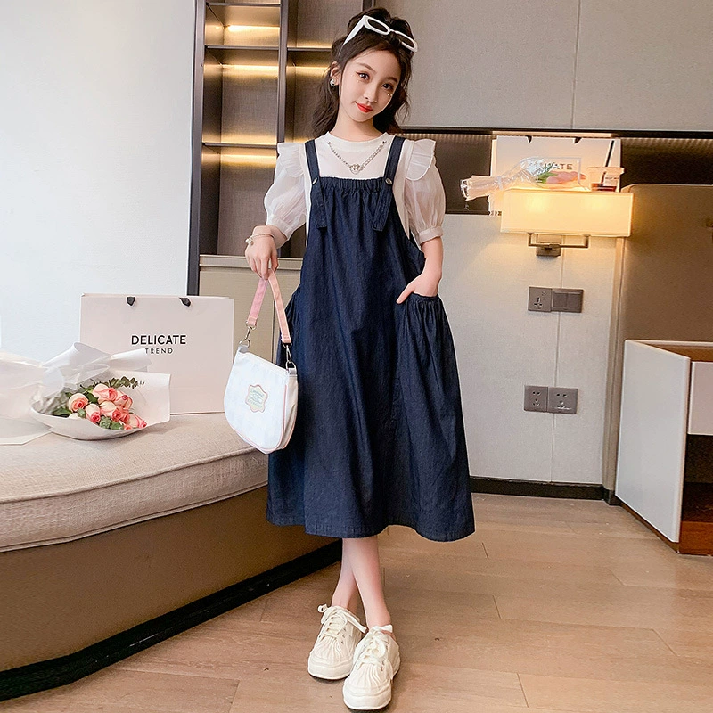 Summer children's set, thin shiffon denim summer dress for leisure for princess, for teenagers