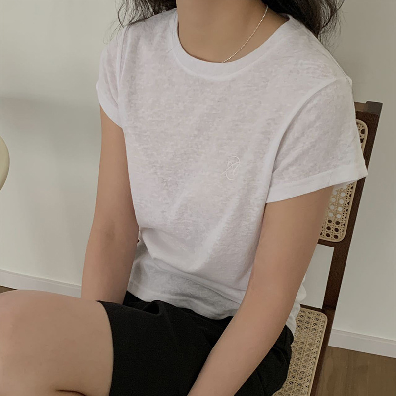 杜小宅短袖女设计小标。雪花棉tee2024春夏新款圆领休闲上衣T恤女