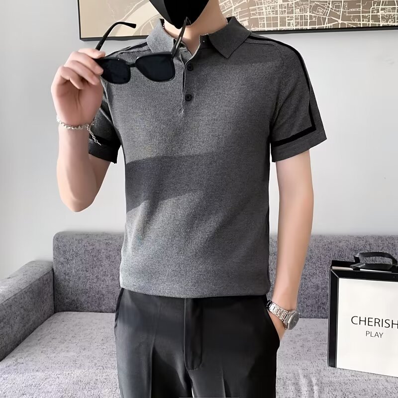 Colored striped Polo shirt for men with short sleeves, summer thin knit Paul polo collar, ice silk t-shirt, slim fit,_voghion.com