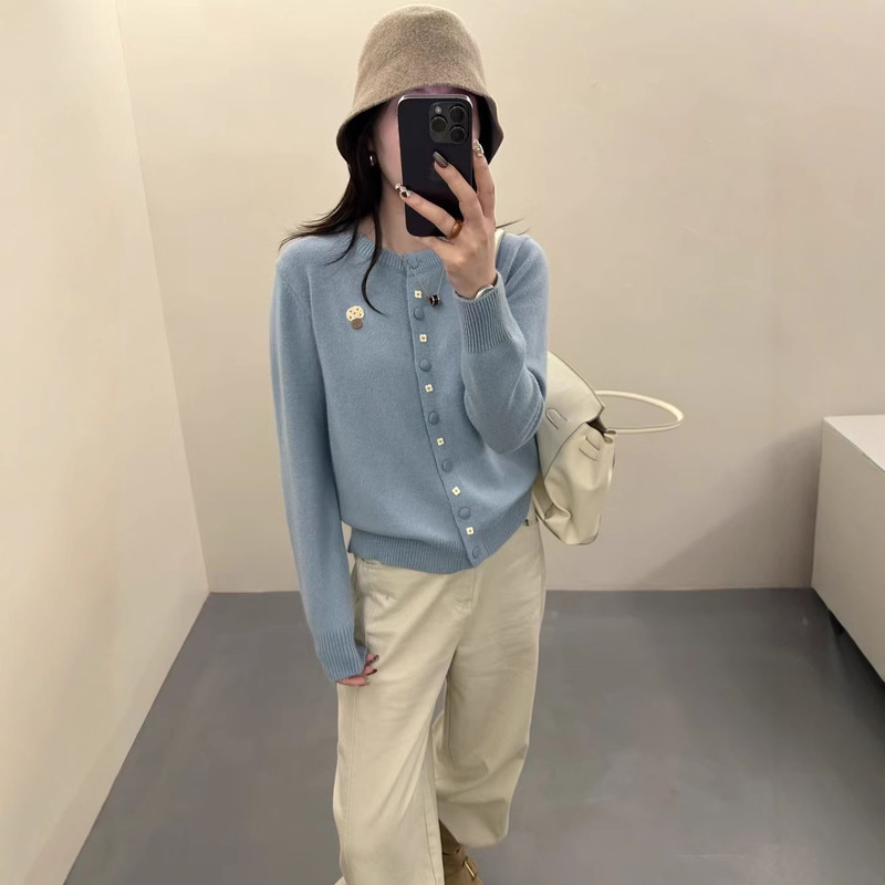 Factory Direct Sale Embroidered Mushroom Round Neck Knit Pullover Sweater for Women Autumn and Winter Lazy Versatile Cardigan Top Jacket