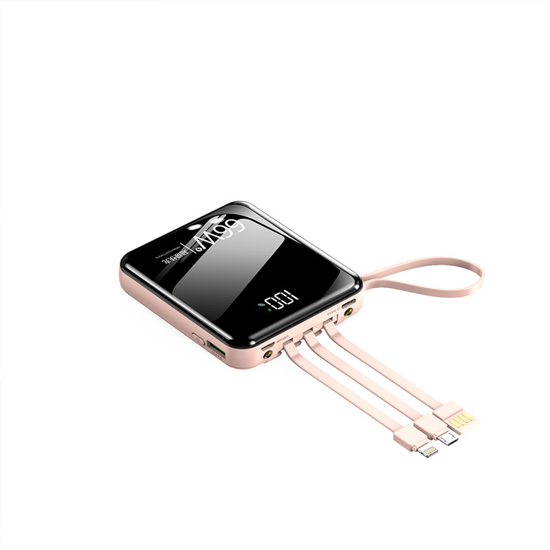 Banco de energía portátil mini de carga rápida bidireccional de 66W al por mayor, 10000 mAh de gran capacidad con cable integrado, fuente de alimentación móvil, personalizable.