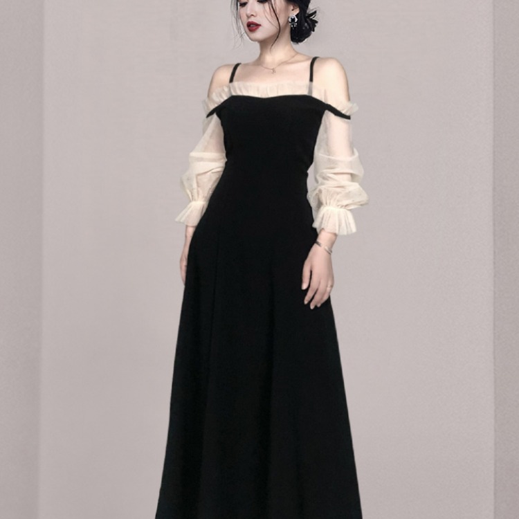 跨境女装2021秋冬新款韩版黑色吊带一字领泡泡袖长款礼服连衣裙