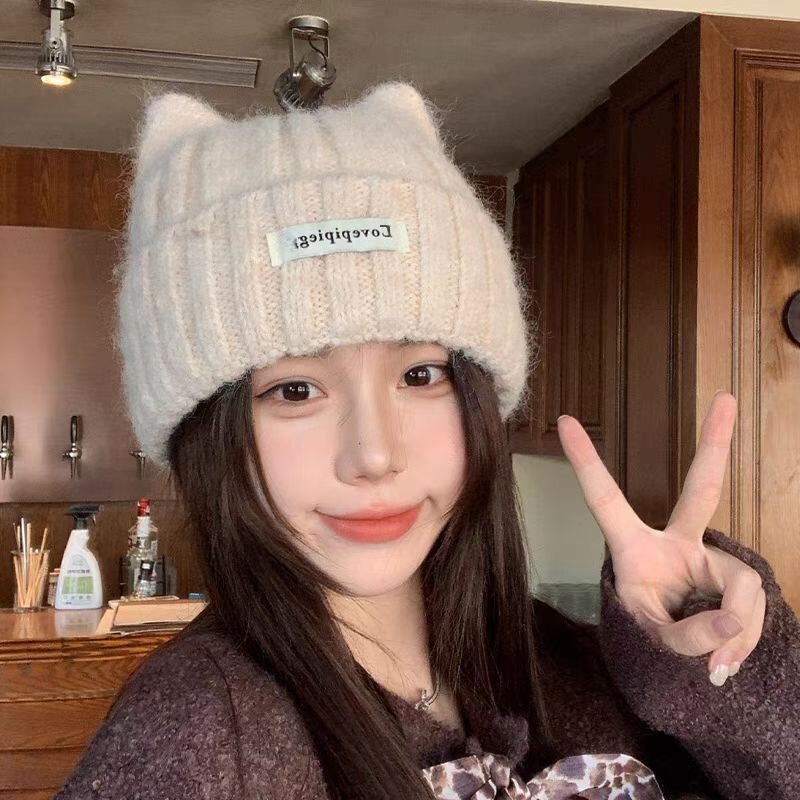 猫耳朵帽子女秋冬季韩版百搭可爱套头保暖护耳显脸小针织毛线冷帽|undefined