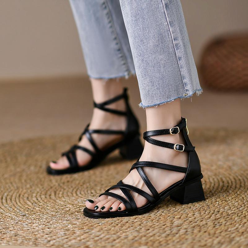 Brown Lace-Up High-Heeled Shoes for Women 2026 New Summer Retro Thin-Strap Roman Sandals for Women with a Unique Design and Niche Style