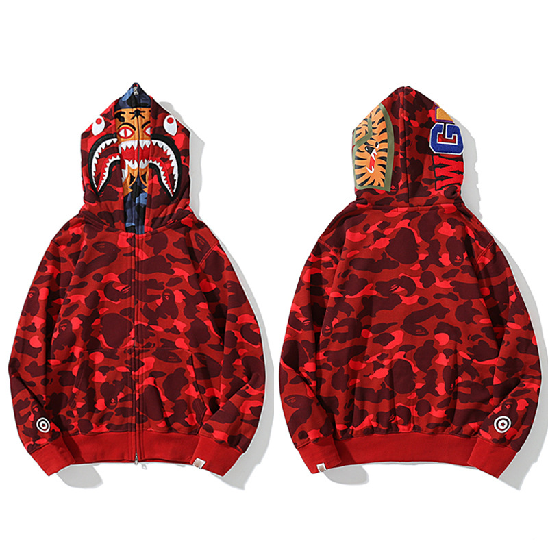 猿人APE サメと虎の頭刺繍入り迷彩柄ダブルハットスウェットシャツ メンズ ゆったりカーディガン ジップアップフード付きジャケット 夜光