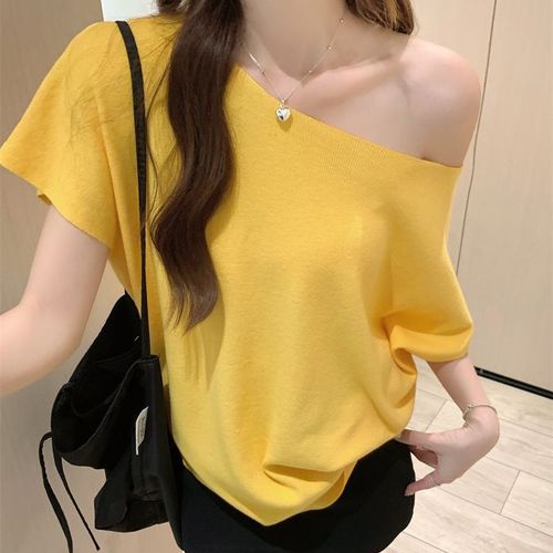 Women's Slashed Neckline Off-the-Shoulder Batwing Sleeve Knit Top 2025 Summer Style Relaxed Loose Slimming Design Fashion Trendy Top