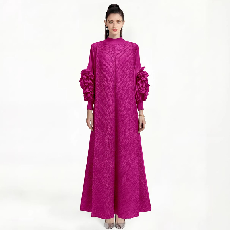 9460 Floral Long Dress Spring and Summer New Style Solid Color Loose Plus Size Pleated Women's Dress Without Restraint 12 Colors