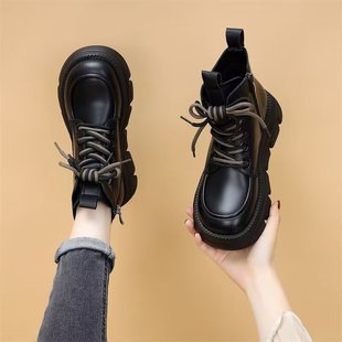 Soft Leather Thick-Soled Boots for Women 2023 Autum British Style Heightening Single Boots Black Short Boots Wholesale Non-Slip and Wear-Resistant