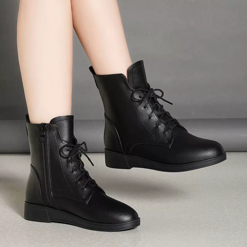 Женские короткие ботинки из мягкой кожи на плоской подошве, осень-зима 2024, новые хлопковые ботинки на флисовой подкладке, британский стиль, средний каблук, на шнуровке