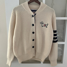 秋冬新款tb小狗刺绣条纹四道杠学院风棒球领粗线长袖针织毛衣外套