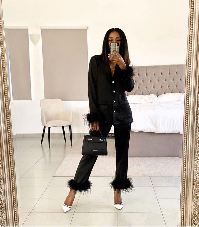 2023 European and American Cross-border Fashion Feather Pajamas Set Mao Mao Long Sleeve Pants Lapel Pocket Two-piece Set