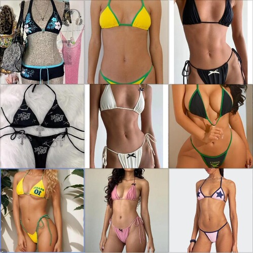 American Retro Hot Babe Contrast Color Two-Piece Vacation Beach Strappy Bikini Set