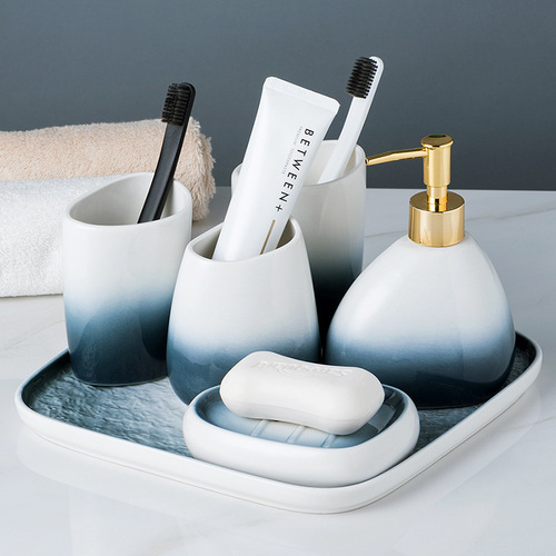 Gradient Gray Ceramic Bathroom Set of Five, Couples Toothbrush and Mouthwash Cup Set, Bathroom Accessories with Tray