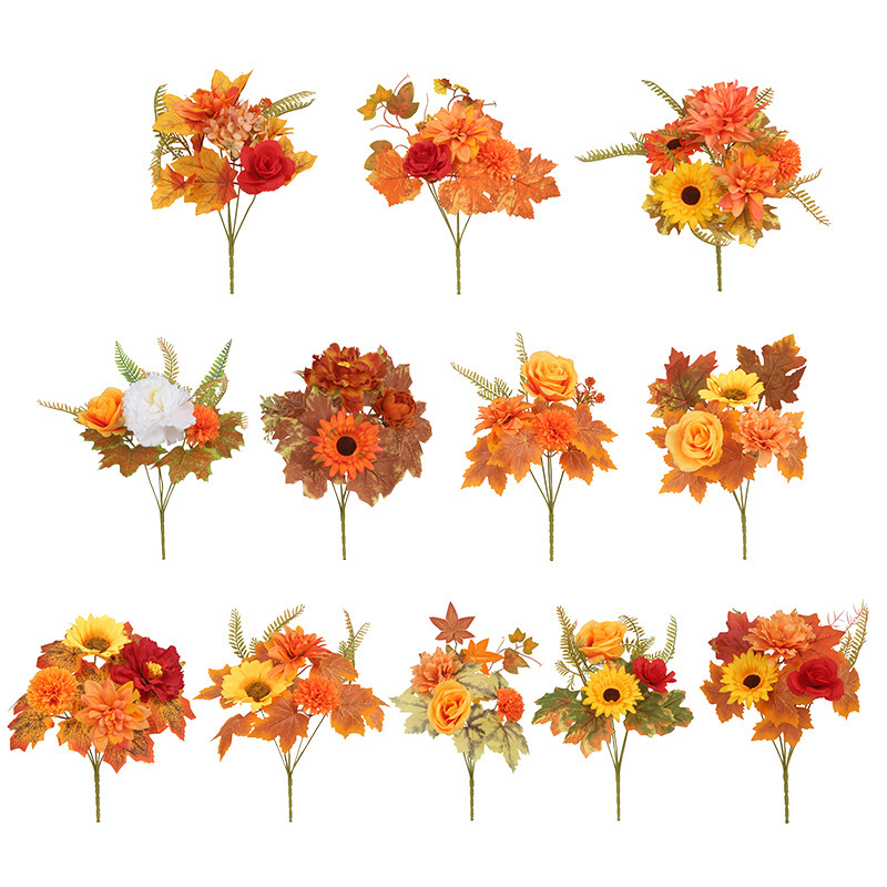 New Autumn Simulation Sunflower Maple Leaf Small Bundle Thanksgiving Harvest Festival Decorative Supplies Ornaments Simulation Maple Leaf