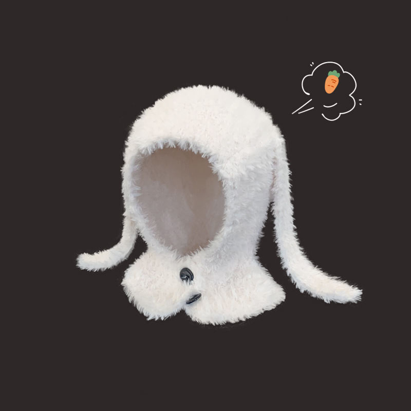Lindo conejo de peluche con orejas largas, forma cóncava femenina, protección cálida para los oídos, gorro tipo balakrafa, gorro tipo jersey para otoño/invierno_voghion.com