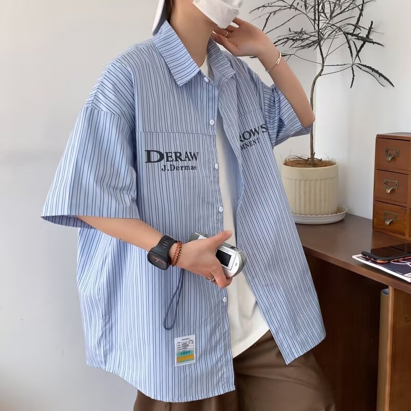 Striped Shirt for Men, Short-Sleeved, Summer, Loose, Casual, Hong Kong Style, Chic, Trendy Brand, Stylish Design, Cool and Handsome