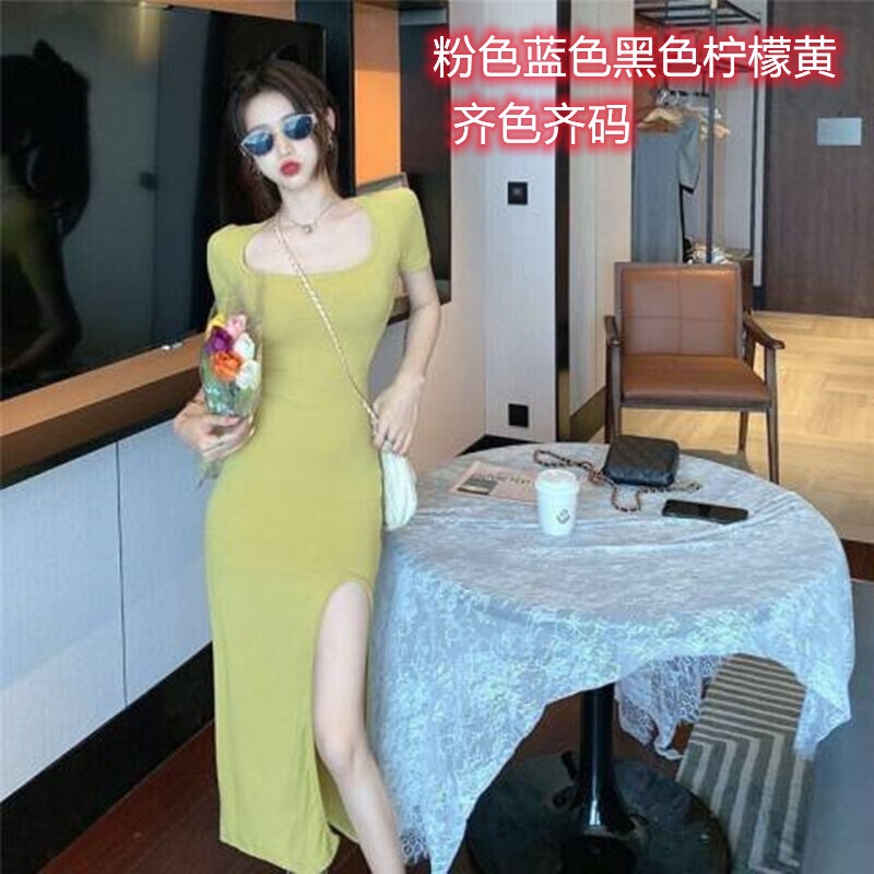 Korean-style new summer square-neck slit sexy dress, mid-length bodycon dress, waist-cinching slimming A-line dress Korean-style new summer square-neck slit sexy dress, mid-length bodycon dress, waist-cinching slimming A-line dress