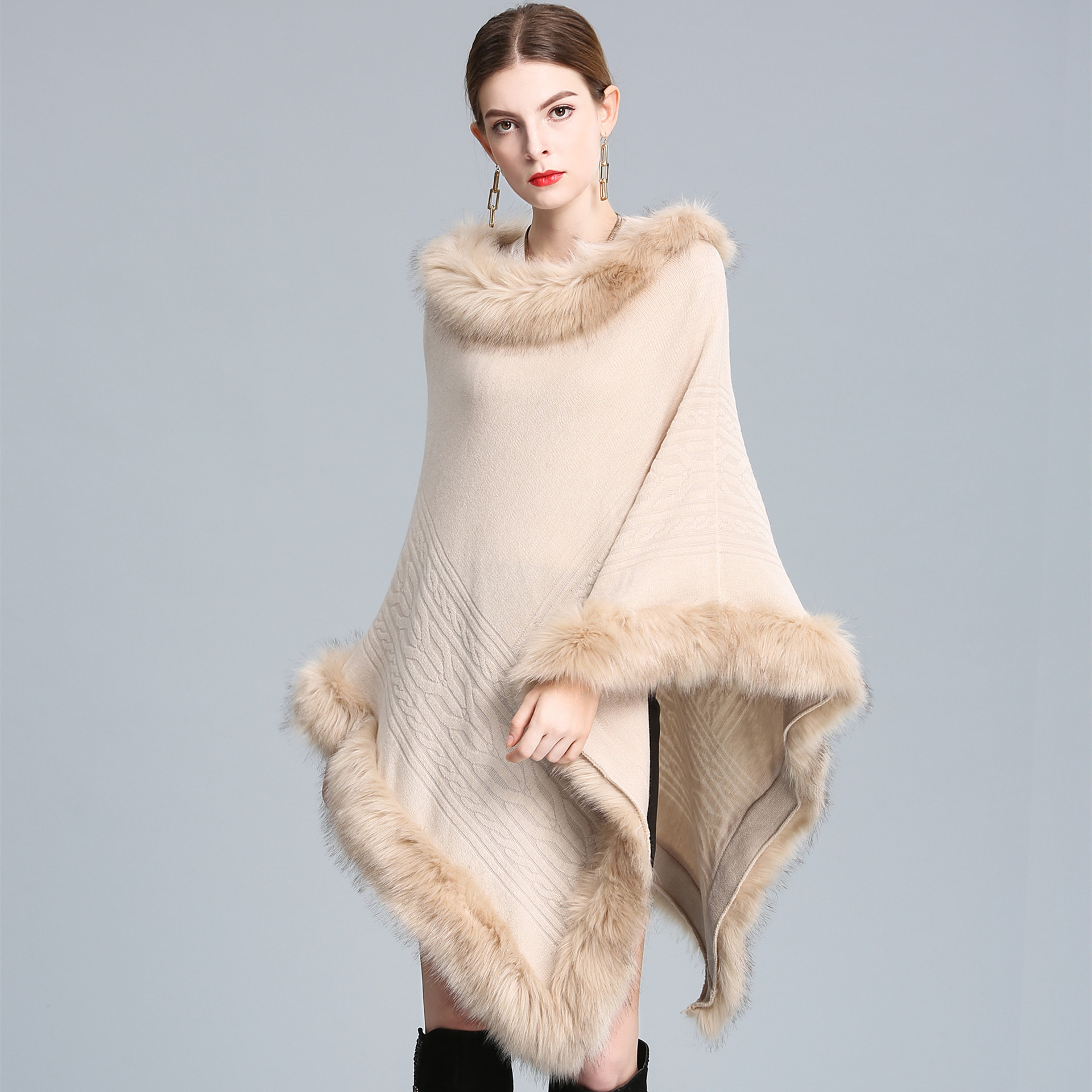 Fur collar cape cape round neck pullover sweater large size loose coat_voghion.com