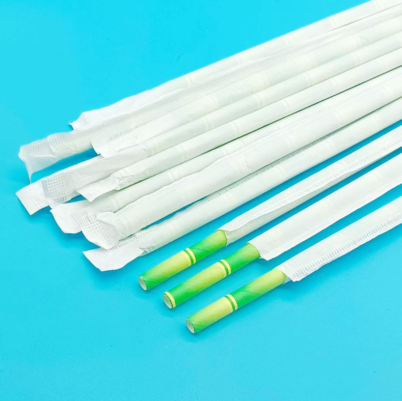 Venta al por mayor paja de papel desechable paja de papel degradable bambú verde patrón de árbol conjunto boca puntiaguda boca plana sola independiente