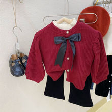 韩国童装女童春款套装23儿童针织毛衣外套女宝宝洋气喇叭裤两件套