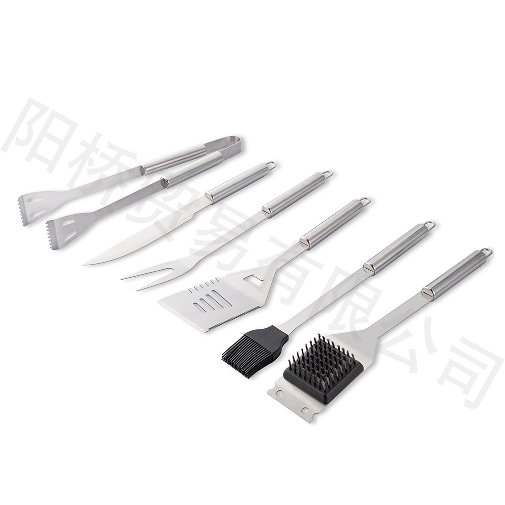 Fábrica Amazon barbacoa al aire libre traje combinación de acero inoxidable barbacoa herramienta tenedor pala clip cuchillo tubo redondo mango herramienta
