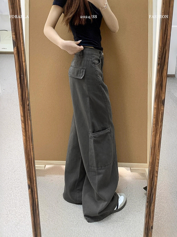 灰色阔腿牛仔工装裤女2025春秋款新款高腰宽松显瘦百搭口袋拖地裤|undefined