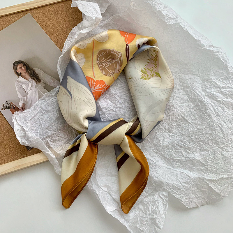 Bufanda de seda, bufanda cuadrada pequeña, sensación premium, nuevo estilo coreano, chal de seda de imitación dulce y fresco, bolso de flores, pañuelo en la cabeza, cinturón para el cabello