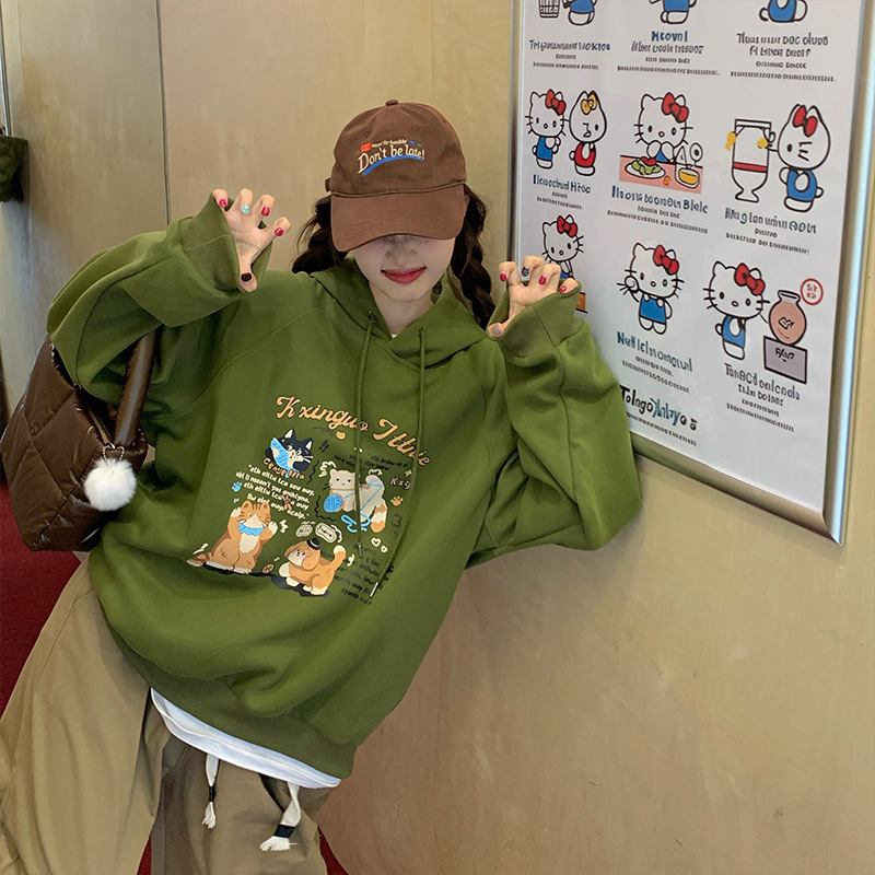 肥柒柒大码女装卫衣2025秋冬新款可爱印花宽松型连帽卫衣加绒加厚|undefined