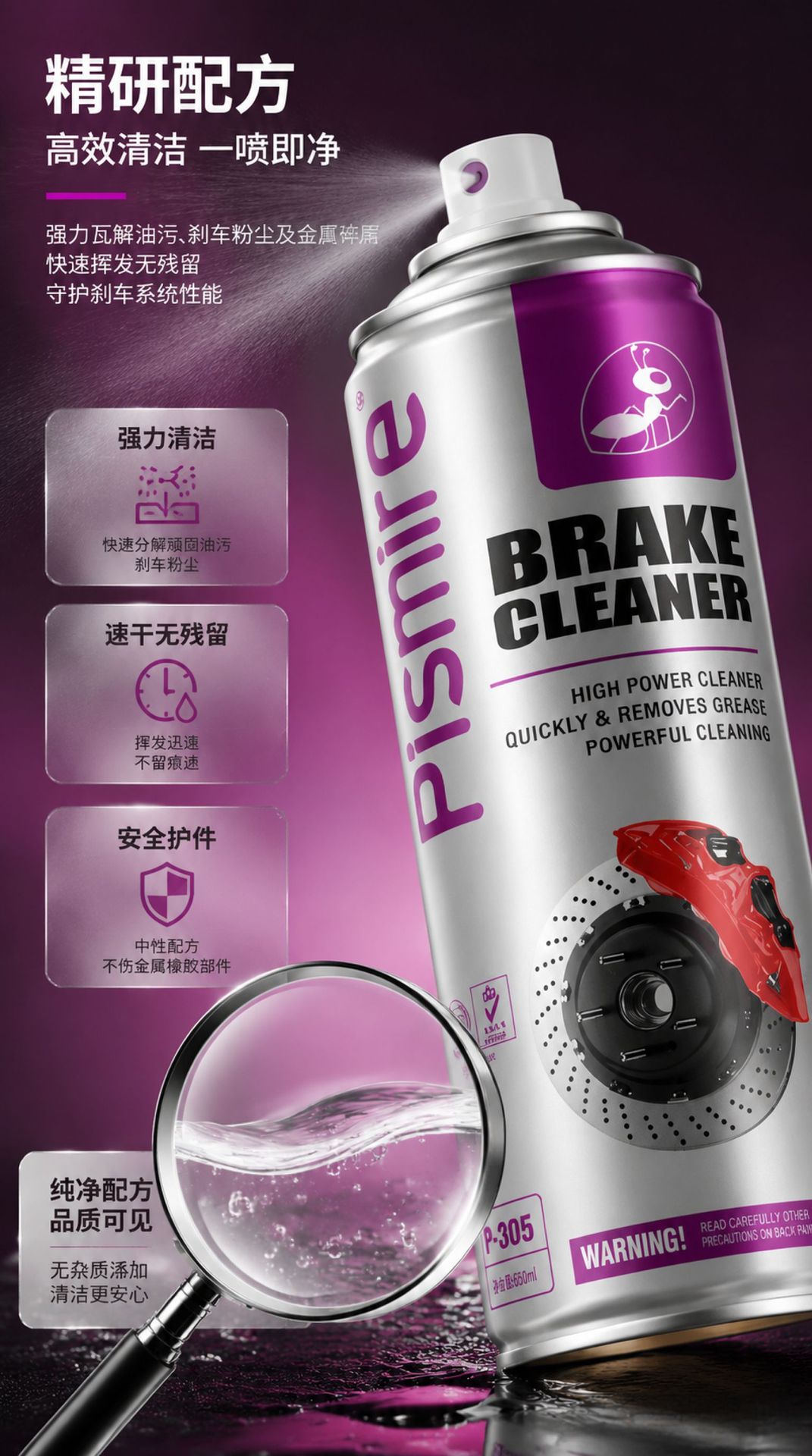 Brake Cleaner 650ml Car Brake Disc and Brake Pad Oil Removal and Stain Removal Wheel Hub Brake Dust Cleaning Agent