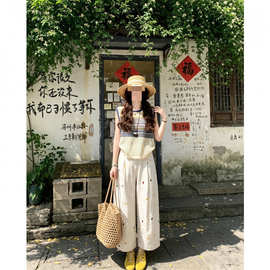 时尚套装女2026夏季新款洋气显瘦撞色条纹无袖上衣休闲裤两件套潮
