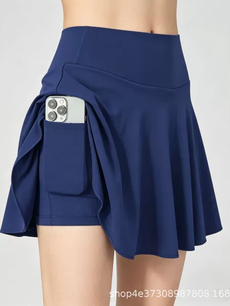 Direct manufacturer of women's tennis skirts, high-waisted, anti-exposure, faux two-piece yoga skirt with side phone pocket, supports OEM